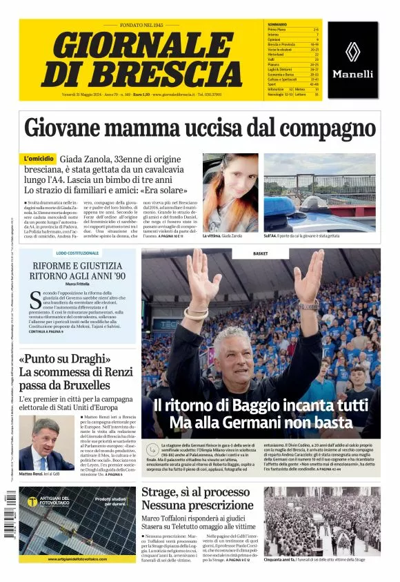 Prima-pagina-giornale di brescia-oggi-edizione-del-2024-05-31